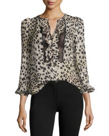 Roberto Cavalli Cheetah-Print Lace-Trim Silk Blouse  Neutral at Neiman Marcus